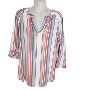 Chico's Womens Top Size 0 Small 4 Striped Crinkle Colorful Gold Metallic V-Neck